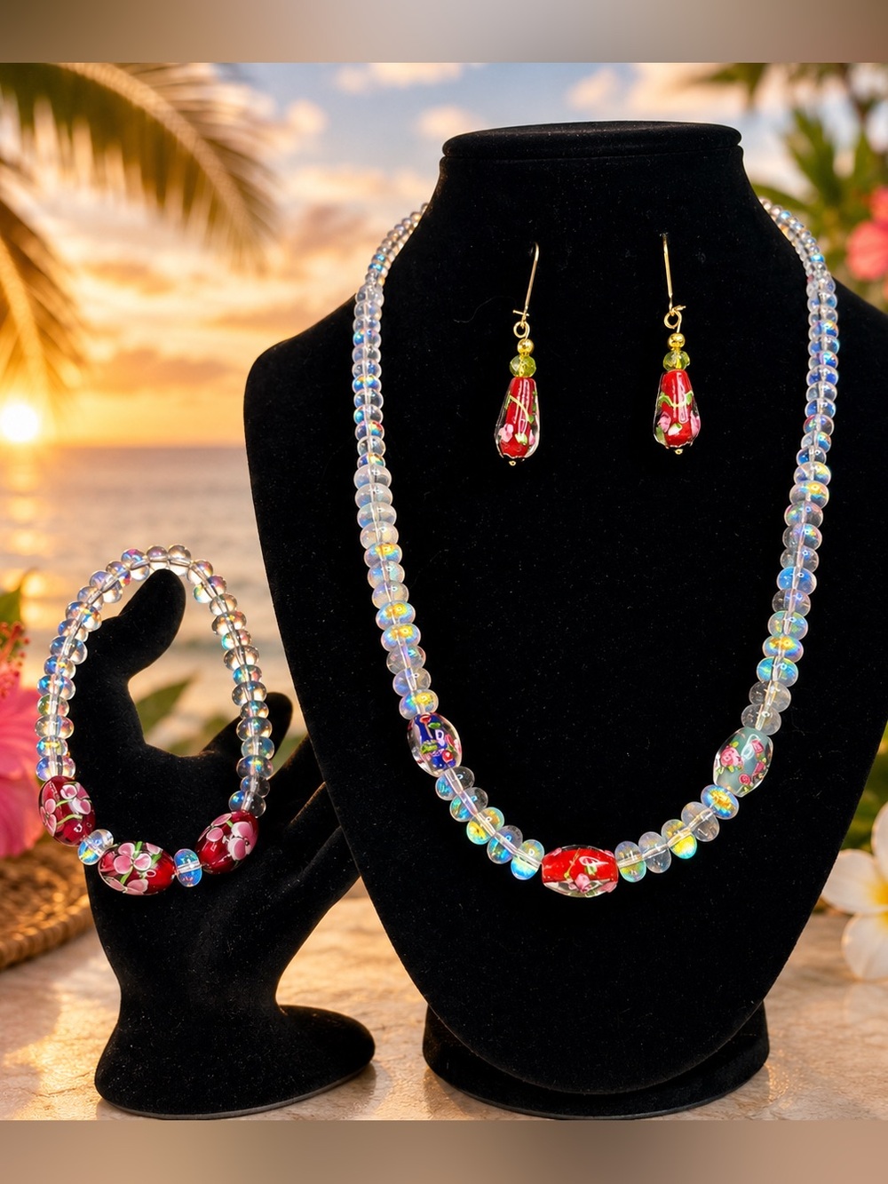 Lampwork Art Glass Beads Red, Pink, Blue, AB Glass graduated Beads Jewelry Set